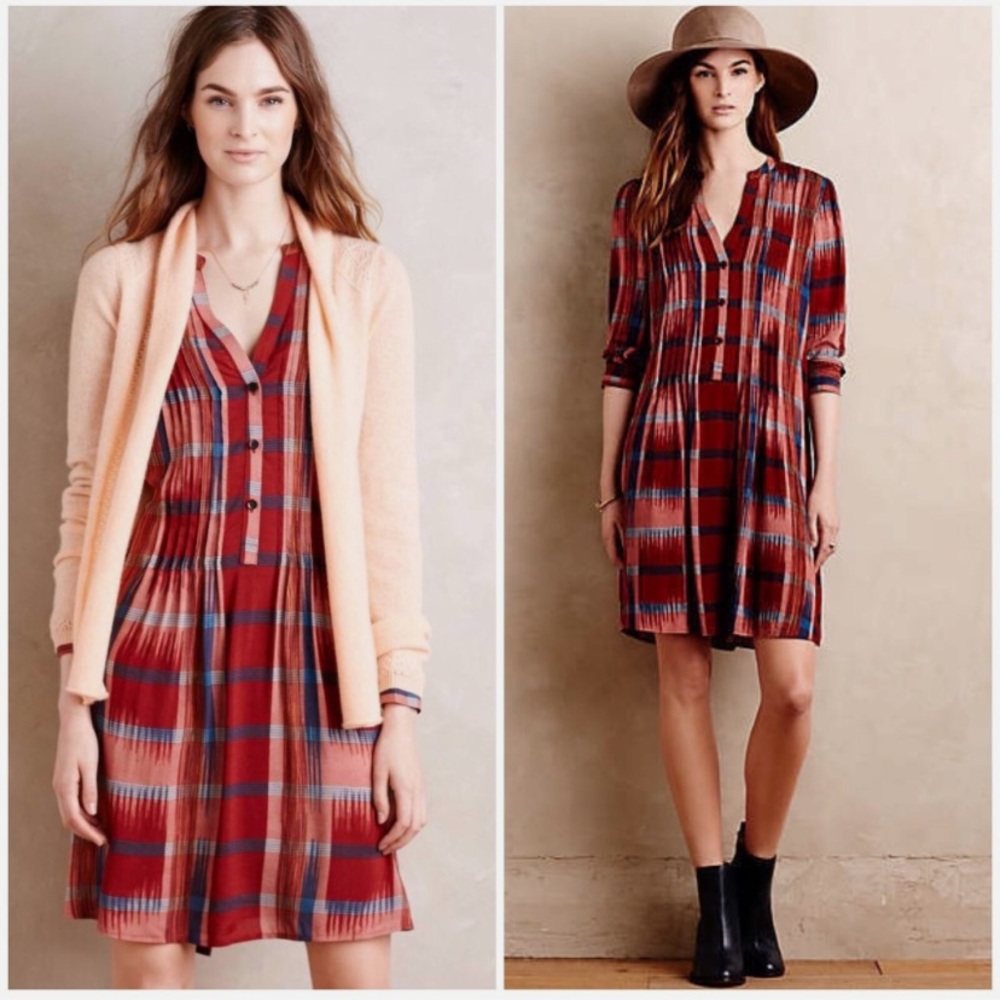 Anthropologie Red Plaid Button-Front Dress
